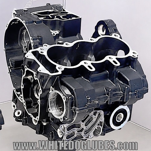 The complete lower and upper crankcase showing the machined surfaces and line bored holes