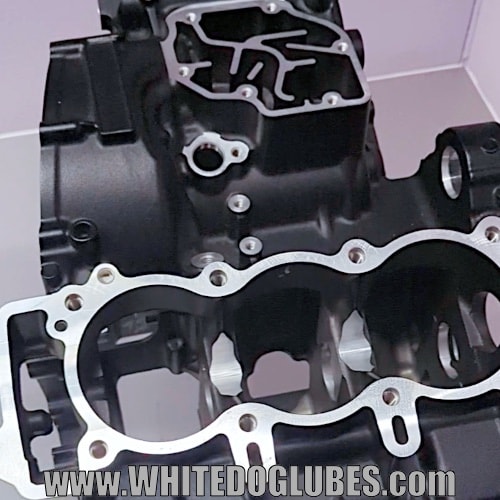 Close up of a complete Triumph Speed Triple crankcase pair in black