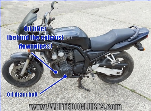 Yamaha 600 Fazer oil filter and drain bolt locations