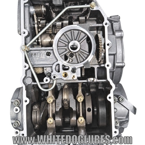 Bottom of a Triumph Trophy Triple engine with sump removed